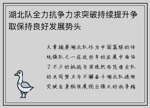 湖北队全力抗争力求突破持续提升争取保持良好发展势头