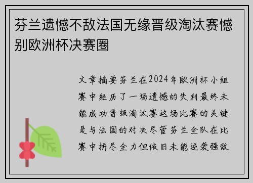 芬兰遗憾不敌法国无缘晋级淘汰赛憾别欧洲杯决赛圈