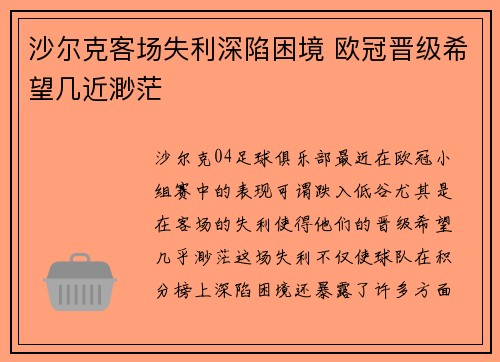 沙尔克客场失利深陷困境 欧冠晋级希望几近渺茫