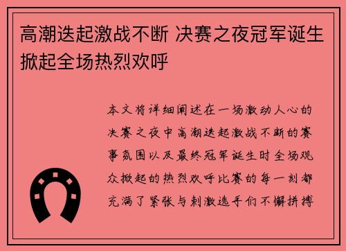 高潮迭起激战不断 决赛之夜冠军诞生掀起全场热烈欢呼